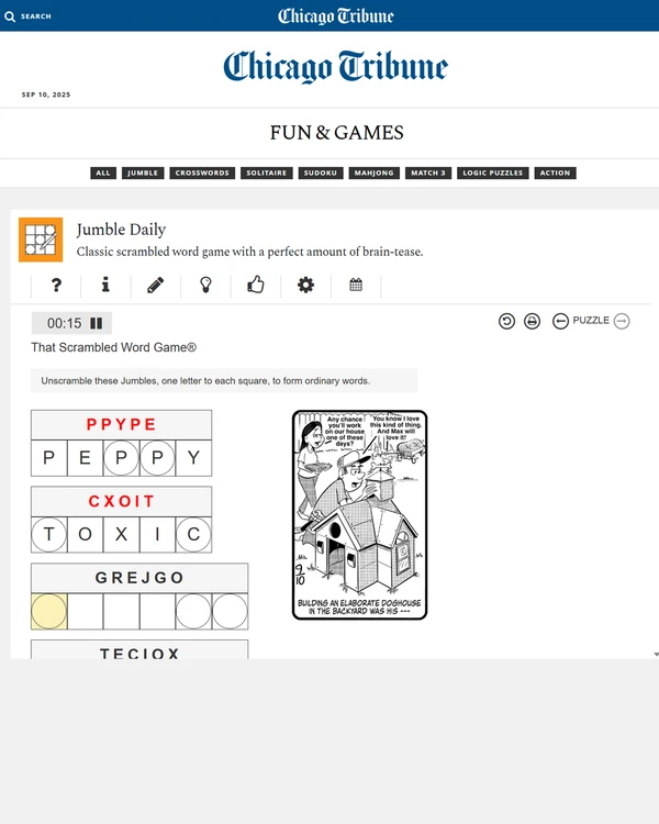 Screenshot of Jumble, a daily word game