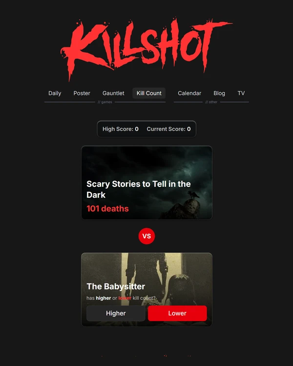 Screenshot of Killshot: Kill Count, a daily pop culture game