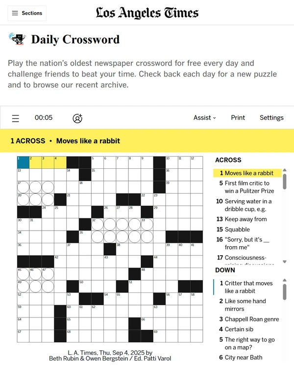Screenshot of L.A. Times Daily Crossword, a daily word game