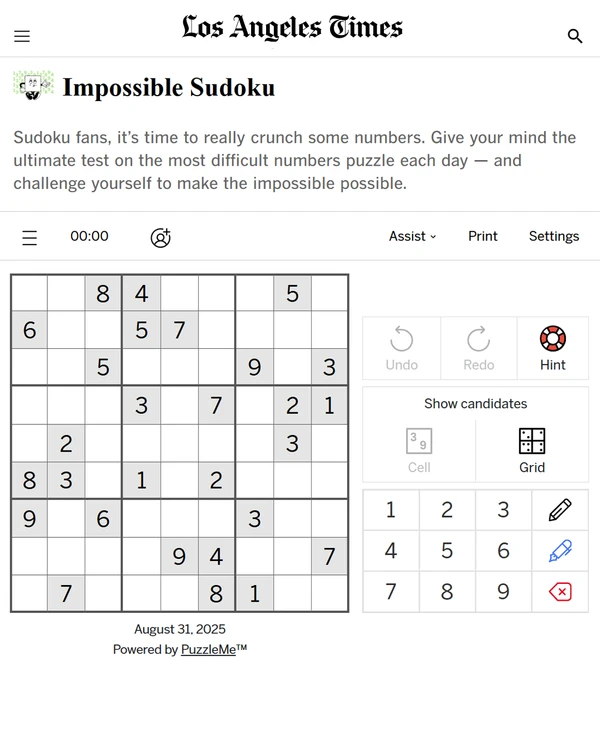 Screenshot of Impossible Sudoku, a daily visual game