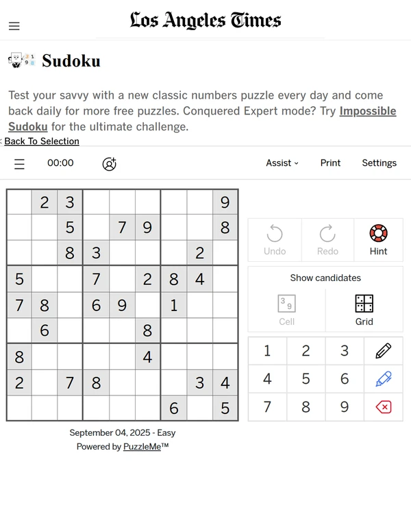 Screenshot of L.A. Times Sudoku, a daily visual game