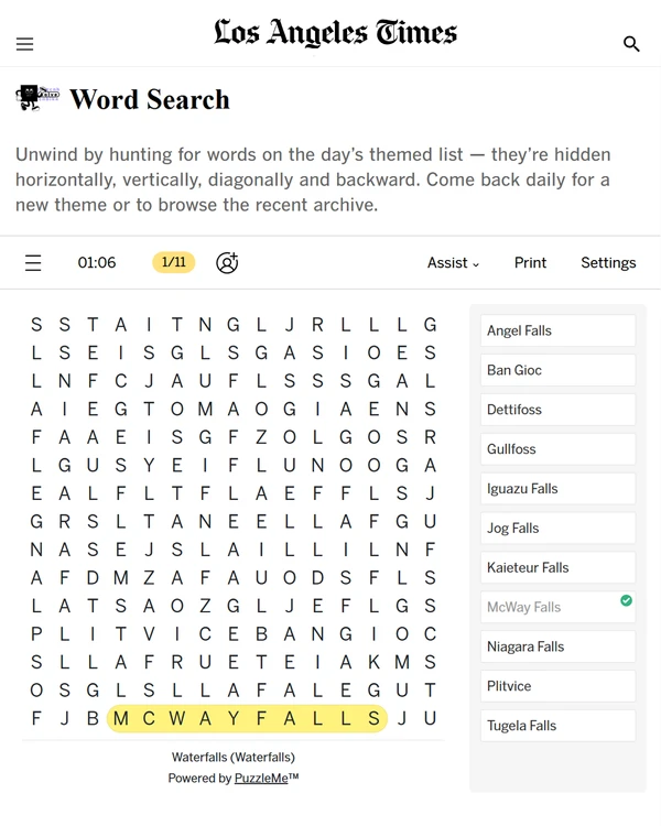 Screenshot of L.A. Times Word Search, a daily word game