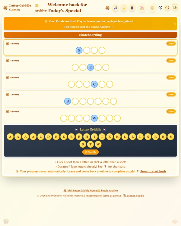 Screenshot of Letter Griddle, a daily word game