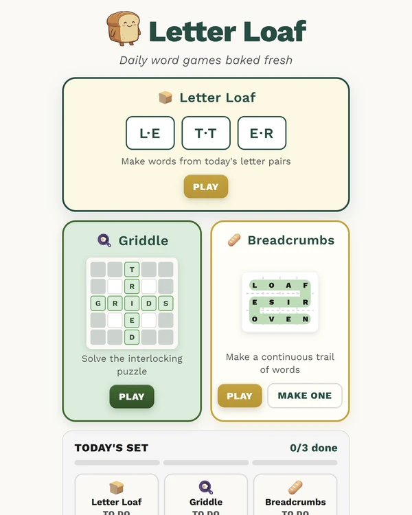 Screenshot of Letter Loaf, a daily word game