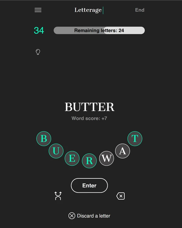 Screenshot of Letterage, a daily word game