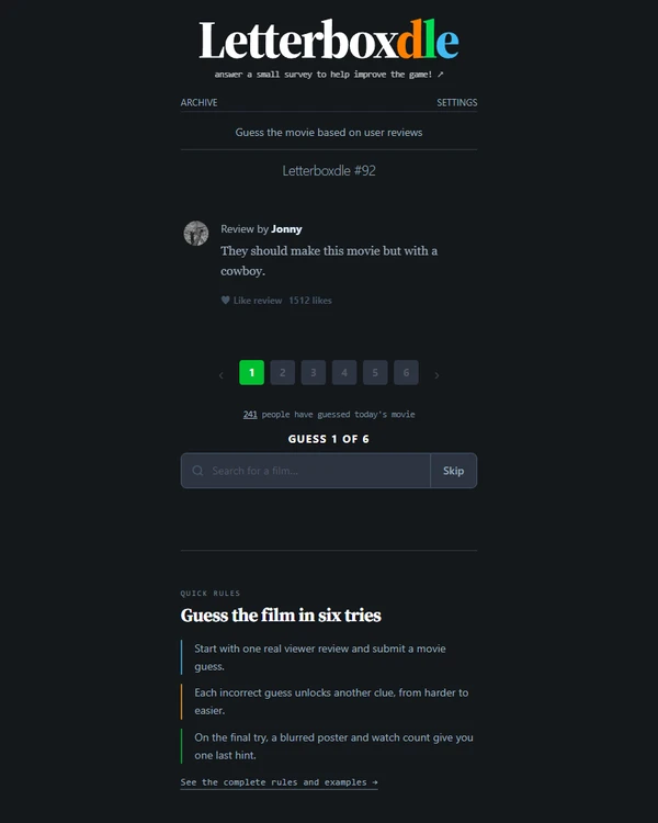 Screenshot of Letterboxdle, a daily pop culture game