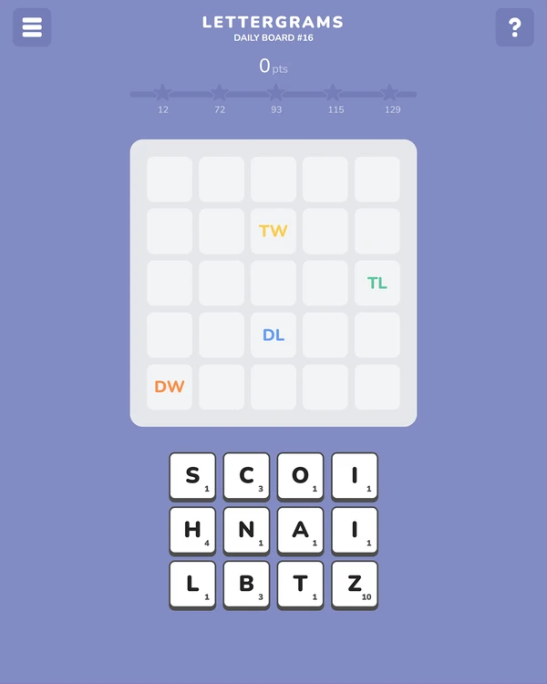 Screenshot of Lettergrams, a daily word game