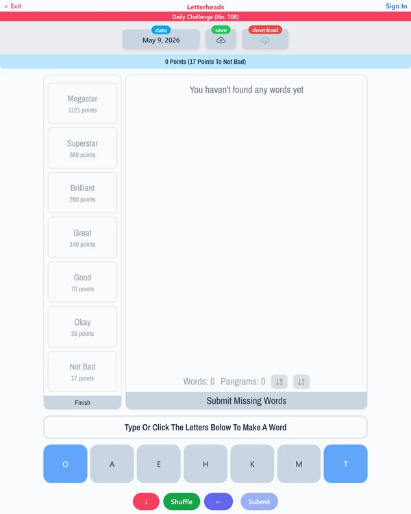 Screenshot of Letterheads, a daily word game