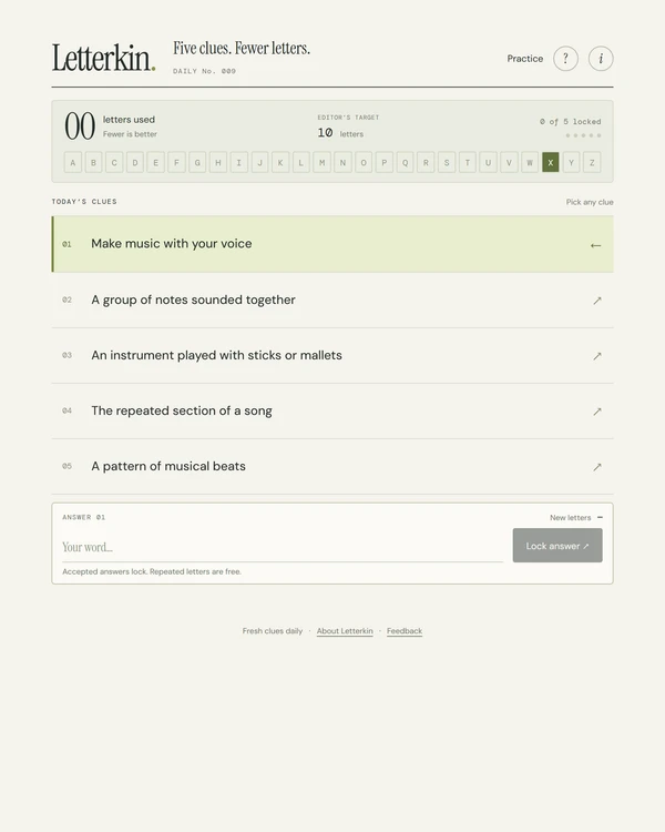 Screenshot of Letterkin, a daily word game