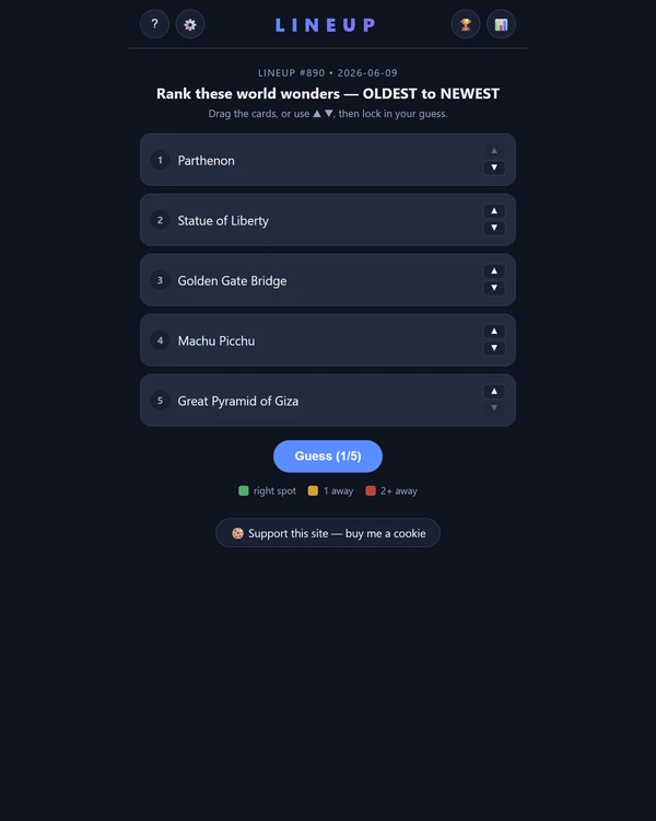 Screenshot of Lineup, a daily trivia game