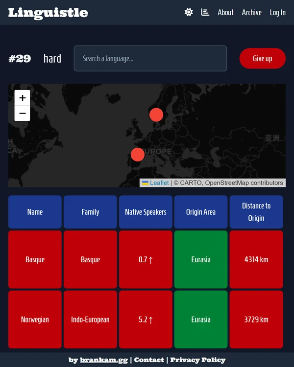 Screenshot of Linguistle, a daily geography game