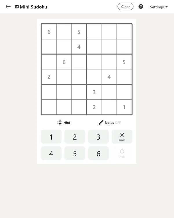 Screenshot of LinkedIn Mini Sudoku, a daily logic game