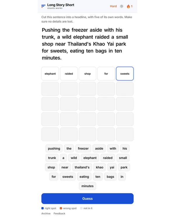Screenshot of Long Story Short, a daily word game