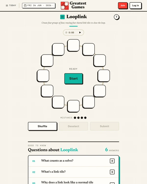 Screenshot of Looplink, a daily connections-style game