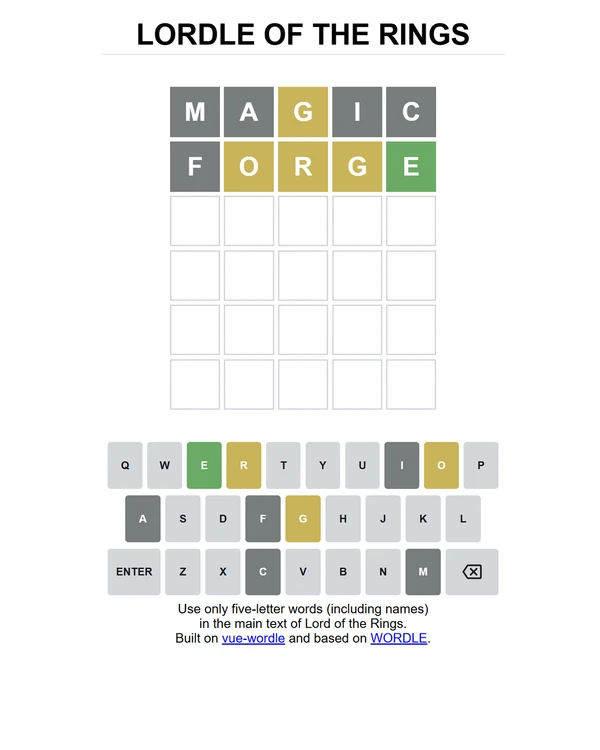 Screenshot of Lordle of the Rings, a daily pop culture game
