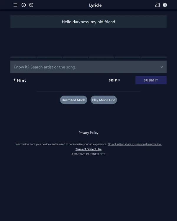 Screenshot of Lyricle, a daily music game