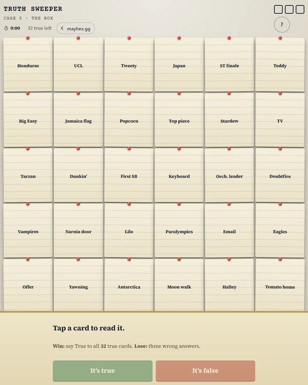 Screenshot of Truthsweeper by Mayhex, a daily trivia game