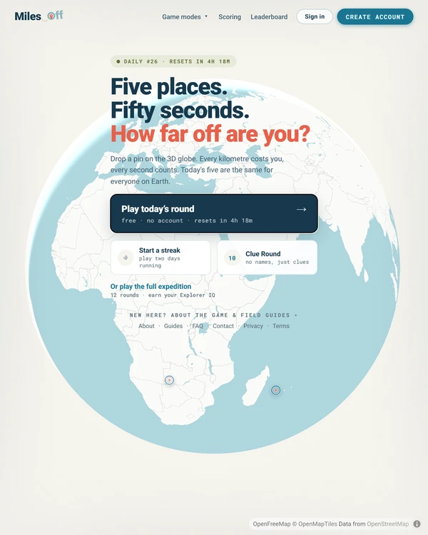 Screenshot of Miles Off, a daily geography game