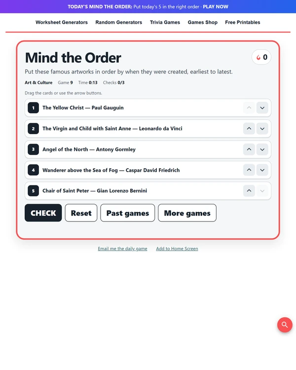 Screenshot of Mind the Order, a daily logic game