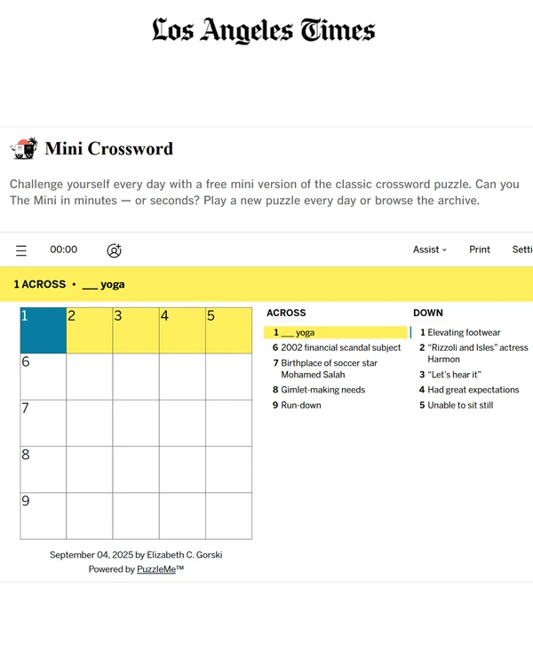 Screenshot of Mini Crossword (L.A. Times), a daily word game