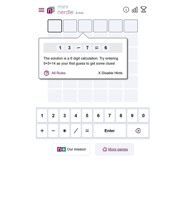 Screenshot of Mini Nerdle, a daily math game