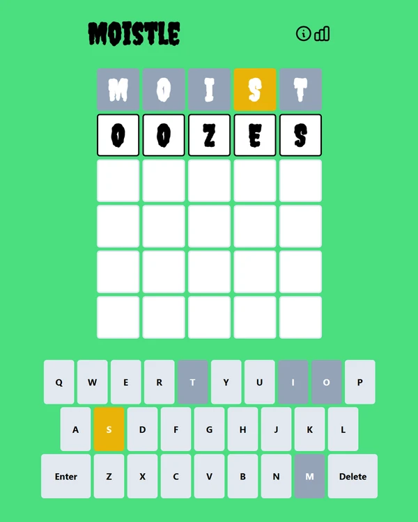 Screenshot of Moistle, a daily word game