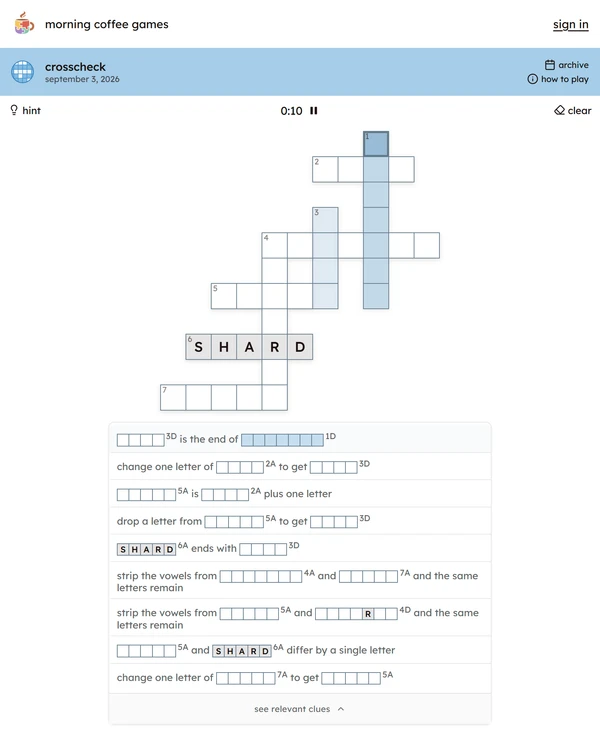 Screenshot of Crosscheck by Morning Coffee Games, a daily word game