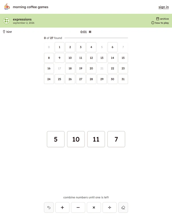 Screenshot of Expressions, a daily math game