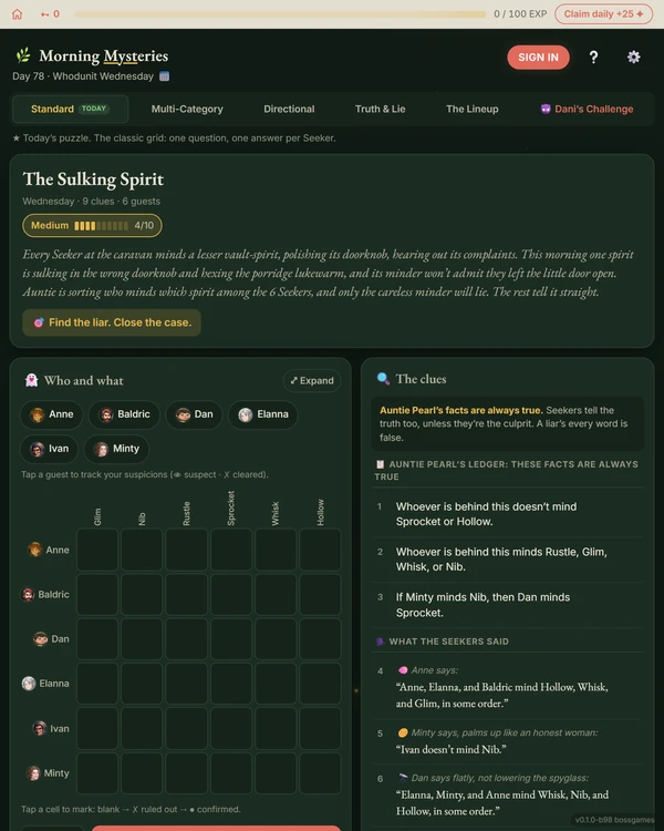 Screenshot of Morning Mystery, a daily logic game