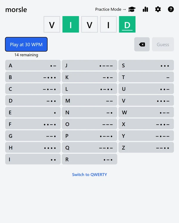 Screenshot of Morsle, a daily word game