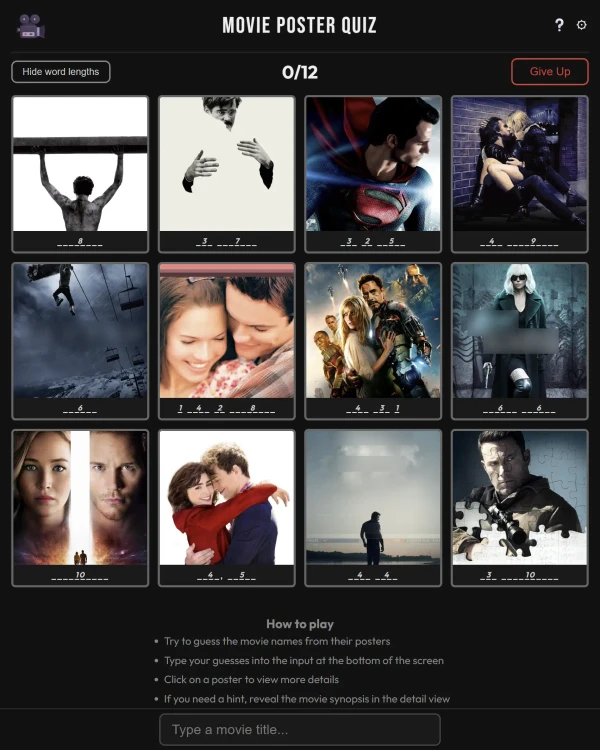 Screenshot of Movie Poster Quiz, a daily pop culture game