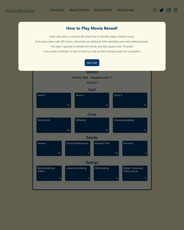 Screenshot of Movie Reveal, a daily pop culture game