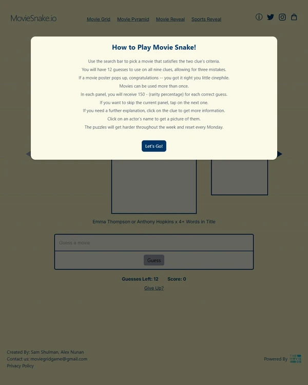 Screenshot of Movie Snake, a daily pop culture game
