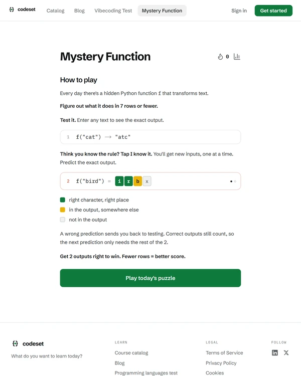 Screenshot of Mystery Function, a daily logic game
