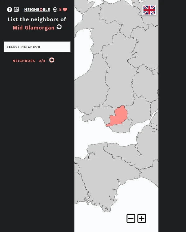 Screenshot of Neighborle Great Britain, a daily geography game