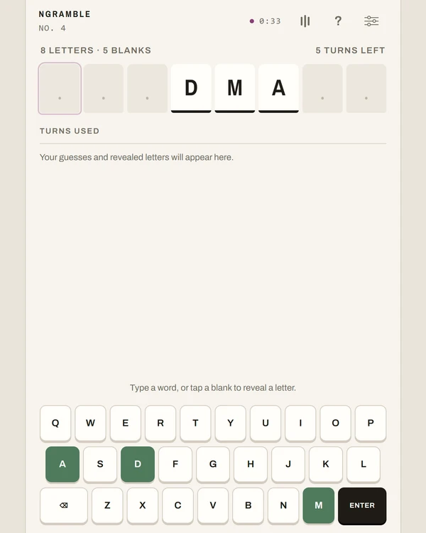 Screenshot of Ngramble, a daily word game