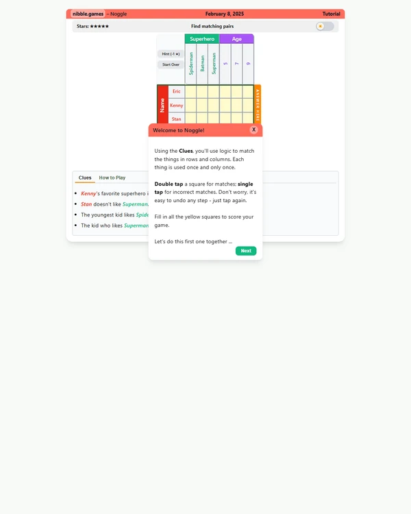 Screenshot of Noggle, a daily logic game