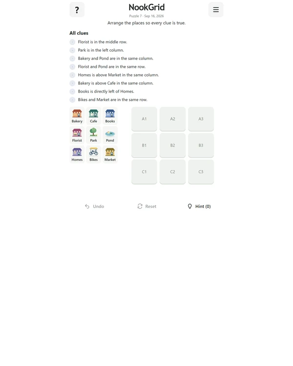 Screenshot of NookGrid, a daily logic game