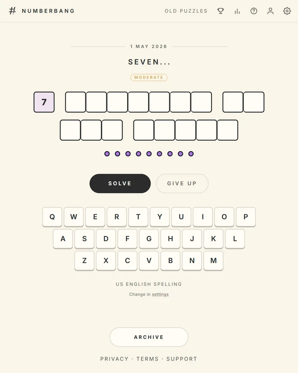 Screenshot of NumberBang, a daily word game