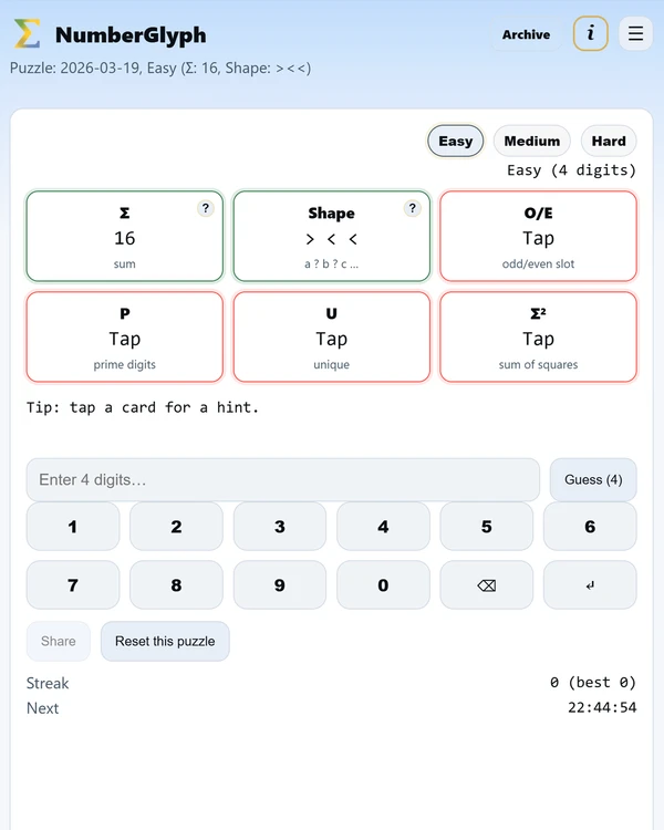 Screenshot of NumberGlyph, a daily math game