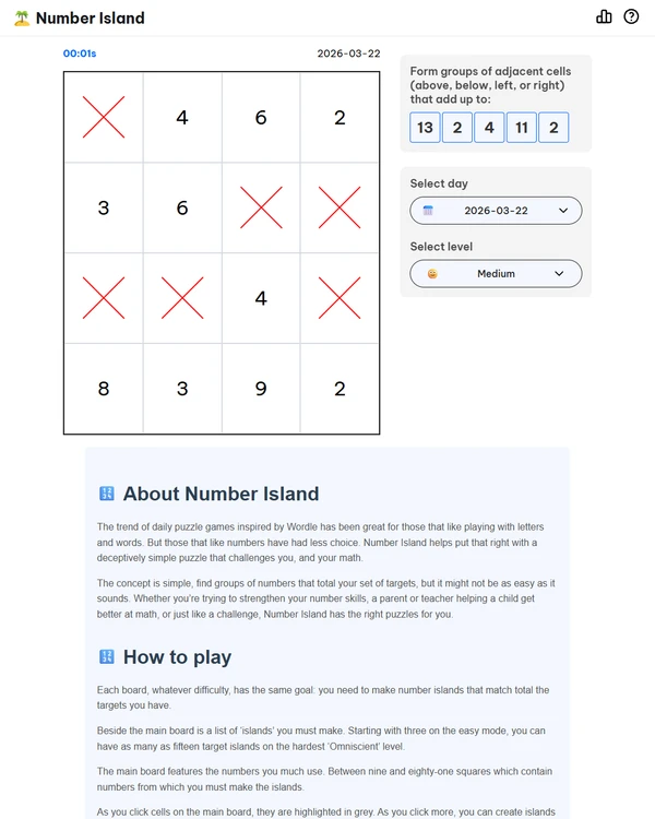 Screenshot of Number Island, a daily math game