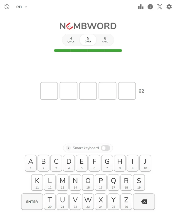 Screenshot of Numbword, a daily word game