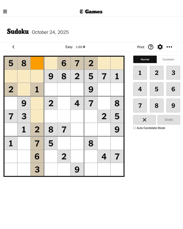 Screenshot of NYT Games Sudoku, a daily logic game