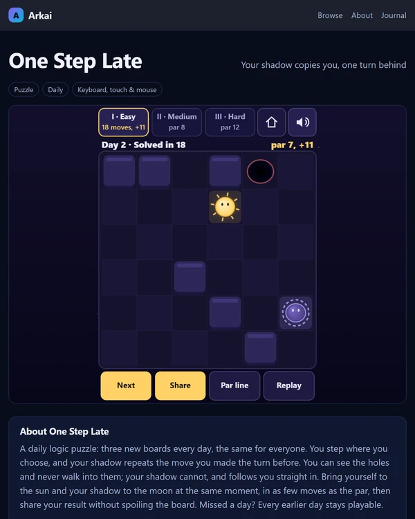 Screenshot of One Step Late, a daily logic game