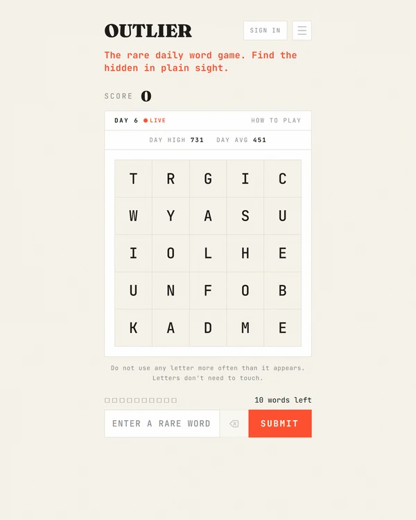 Screenshot of Outlier, a daily word game