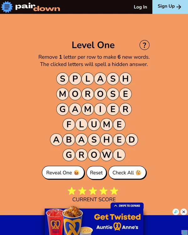Screenshot of Pair Down, a daily word game