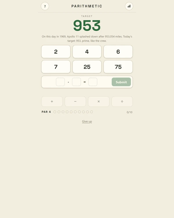 Screenshot of Parithmetic, a daily math game