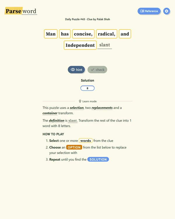 Screenshot of Parseword, a daily cryptic crossword