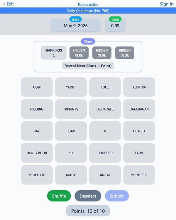 Screenshot of Passcodes, a daily word game