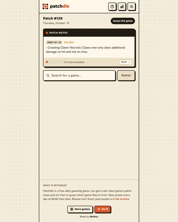 Screenshot of Patchdle, a daily fandom game